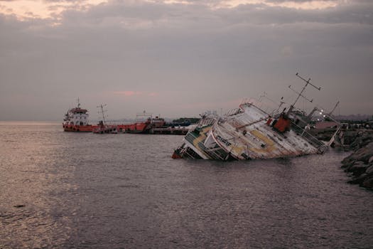 A dramatic scene capturing a sinking ship near the shoreline with a cloudy sky.